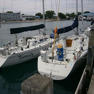 The 'Olson Twins'.  Tenacity to port, Shoe String to starboard, docked at Kenosha Yacht 
Club after a Chicago to Kenosha overnight race 6-22/24-2012.