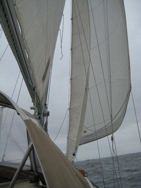 First time out with the staysail up.  Makes a huge difference in the balance of the helm.