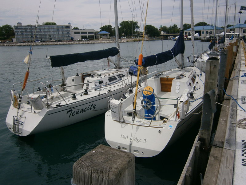 The 'Olson Twins'.  Tenacity to port, Shoe String to starboard, docked at Kenosha Yacht 
Club after a Chicago to Kenosha overnight race 6-22/24-2012.